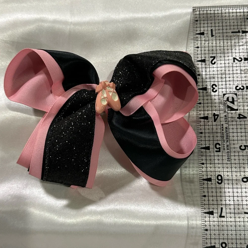 Black & Pink Glitter Hair Bow w/Ballet Shoe Charm- bundle and save on shipping